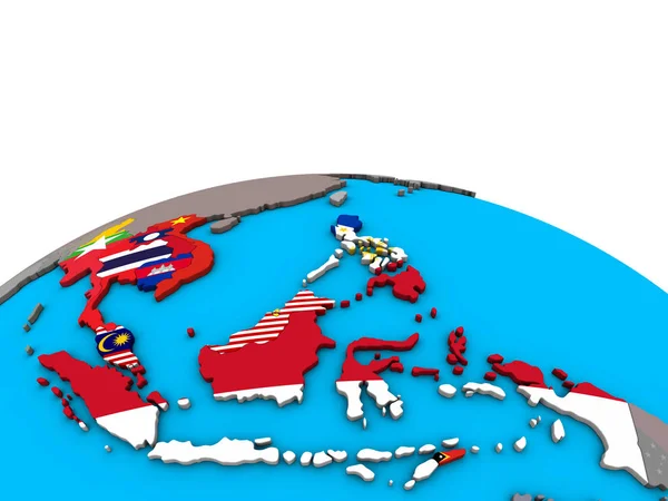 Sudeste Asiático Com Bandeiras Nacionais Embutidas Globo Político Ilustração — Fotografia de Stock