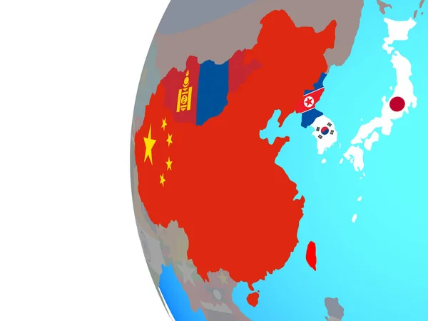 Doğu Asya Mavi Siyasi Dünya Üzerinde Katıştırılmış Ülke Bayrakları Ile — Stok fotoğraf