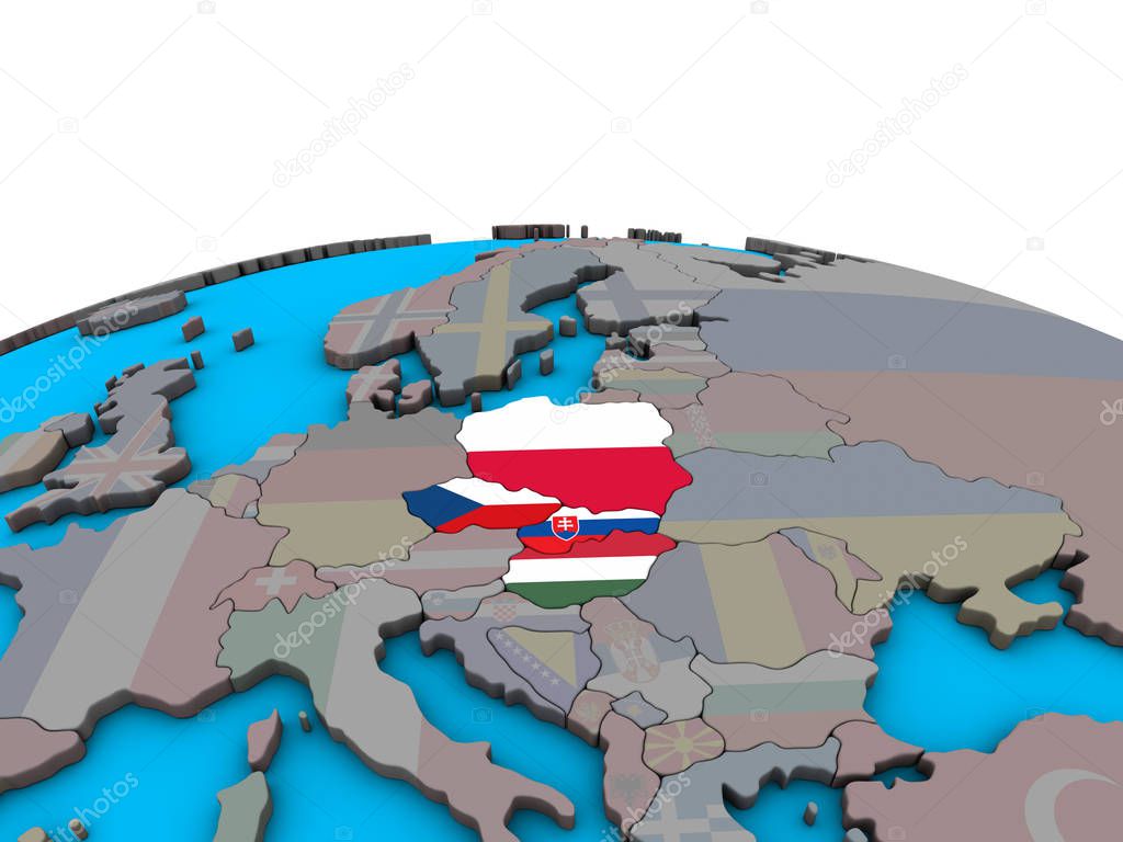 Visegrad Group with embedded national flags on political 3D globe. 3D illustration.
