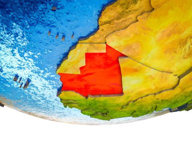 Moritanya bölünmüş ülkeler ve sulu okyanusların 3d dünya üzerinde. 3D çizim.