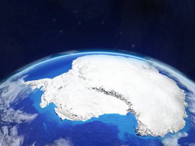 Antarktika gezegen Planet Earth uzayda. Son derece ayrıntılı gezegenin yüzeyi ve bulutlar. 3D çizim. Nasa tarafından döşenmiş bu görüntü unsurları.