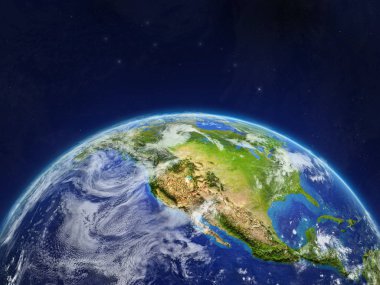 Kuzey Amerika gezegen Planet Earth uzayda. Son derece ayrıntılı gezegenin yüzeyi ve bulutlar. 3D çizim. Nasa tarafından döşenmiş bu görüntü unsurları.