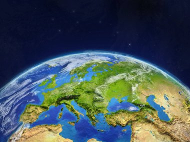 Avrupa gezegen Planet Earth uzayda. Son derece ayrıntılı gezegenin yüzeyi ve bulutlar. 3D çizim. Nasa tarafından döşenmiş bu görüntü unsurları.