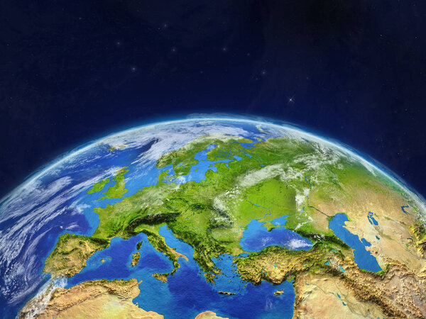 Europe on planet planet Earth in space. Extremely detailed planet surface and clouds. 3D illustration. Elements of this image furnished by NASA.