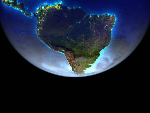 South America from space. Very high detail of Earth surface with city lights. 3D illustration. Elements of this image furnished by NASA.