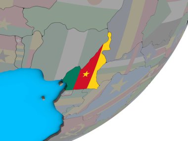 Kamerun ulusal bayrak mavi siyasi 3d dünya üzerinde. 3D çizim.