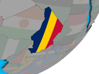 Chad ile ulusal bayrak mavi siyasi 3d dünya üzerinde. 3D çizim.