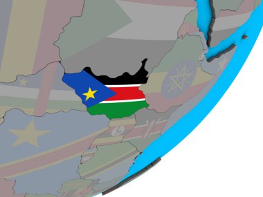 Güney Sudan ile ulusal bayrak mavi siyasi 3d dünya üzerinde. 3D çizim.