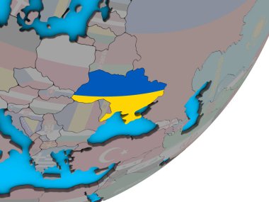 Ukrayna ulusal bayrak mavi siyasi 3d dünya üzerinde. 3D çizim.