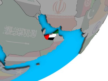 Birleşik Arap Emirlikleri ile ulusal bayrak mavi siyasi 3d dünya üzerinde. 3D çizim.