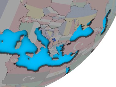 Kosova ile ulusal bayrak mavi siyasi 3d dünya üzerinde. 3D çizim.
