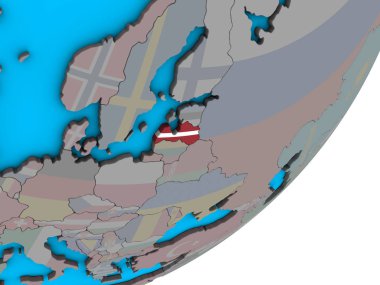Letonya ulusal bayrak mavi siyasi 3d dünya üzerinde. 3D çizim.