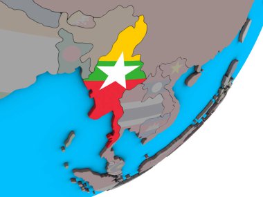 Myanmar mavi siyasi 3d dünya üzerinde ulusal bayrak ile. 3D çizim.