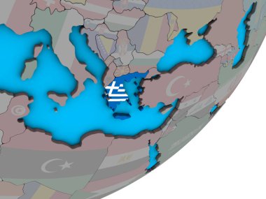 Yunanistan ulusal bayrak mavi siyasi 3d Globe ile. 3D çizim.