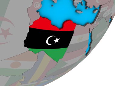 Libya Ulusal bayrağını mavi siyasi 3d dünya ile. 3D çizim.