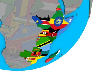 Mavi siyasi 3d dünya Ulusal bayrakları ile Doğu Afrika. 3D çizim.
