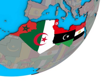 Mavi siyasi 3d dünya Ulusal bayrakları ile Kuzey Afrika. 3D çizim.