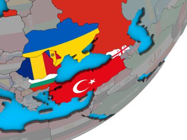 Mavi siyasi 3d dünya Ulusal bayrakları ile Karadeniz bölgesi. 3D çizim.