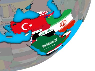 Batı Asya mavi siyasi 3d dünya Ulusal bayrakları ile. 3D çizim.
