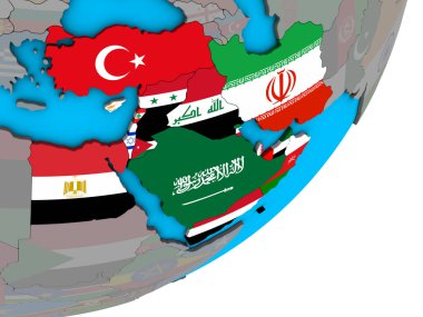 Mavi siyasi 3d dünya Ulusal bayrakları ile Orta Doğu. 3D çizim.