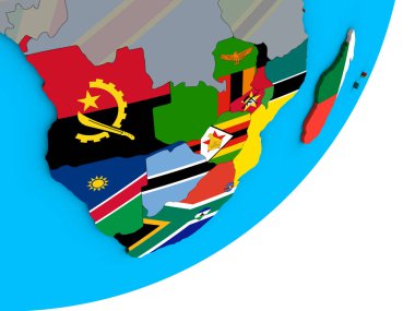 Mavi siyasi 3d dünya Ulusal bayrakları ile Güney Afrika. 3D çizim.