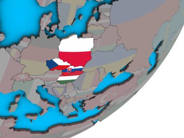 Mavi siyasi 3d dünya Ulusal bayrakları ile Visegrad Grubu. 3D çizim.