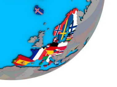Schengen alanı üyeleri mavi siyasi 3d dünya Ulusal bayrakları ile. 3D çizim.