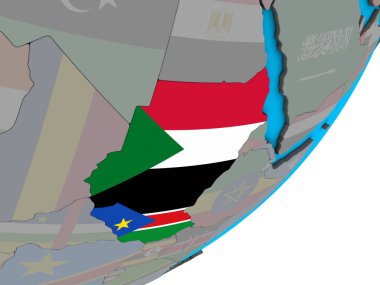 Eski Sudan mavi siyasi 3d dünya Ulusal bayrakları ile. 3D çizim.