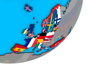 Mavi siyasi 3d dünya Ulusal bayrakları ile OECD Avrupa ülkeleri. 3D çizim.