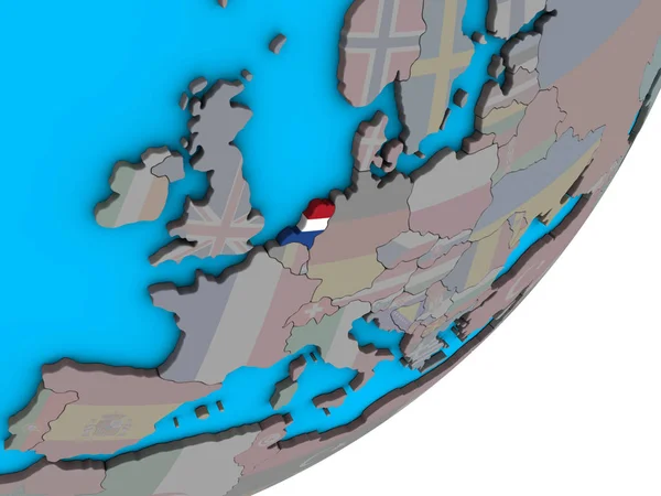 Нидерланды Национальным Флагом Голубом Политическом Глобусе Иллюстрация — стоковое фото