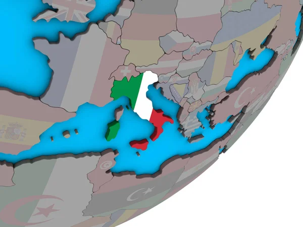 Италия Национальным Флагом Голубом Политическом Глобусе Иллюстрация — стоковое фото