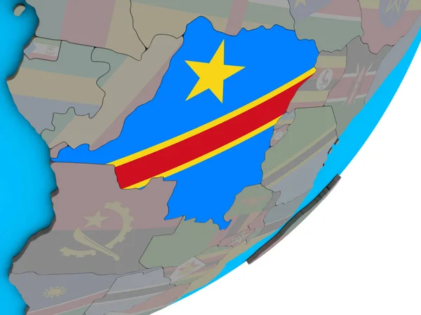 刚果的 Dem 代表在蓝色政治3D 地球上的国旗 — 图库照片