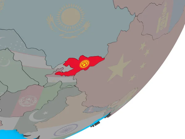 吉尔吉斯斯坦与国旗在蓝色政治3D — 图库照片