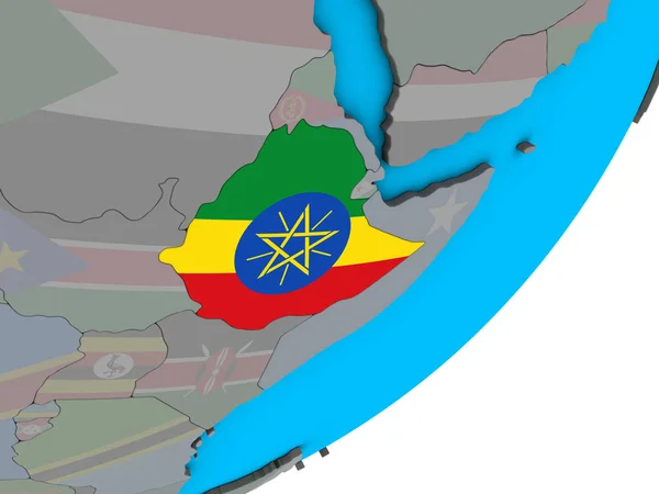 Etiopia Con Bandiera Nazionale Sul Globo Blu Politico Illustrazione — Foto Stock