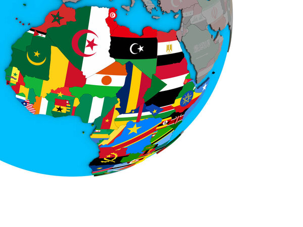 Africa with national flags on blue political 3D globe. 3D illustration.