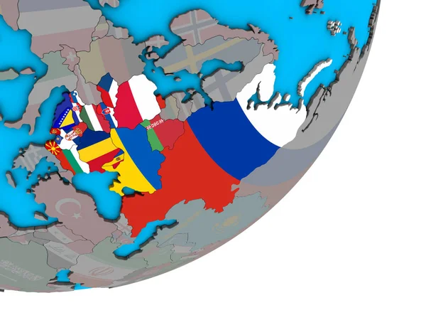 Europa Orientale Con Bandiere Nazionali Sul Globo Blu Politico Illustrazione — Foto Stock