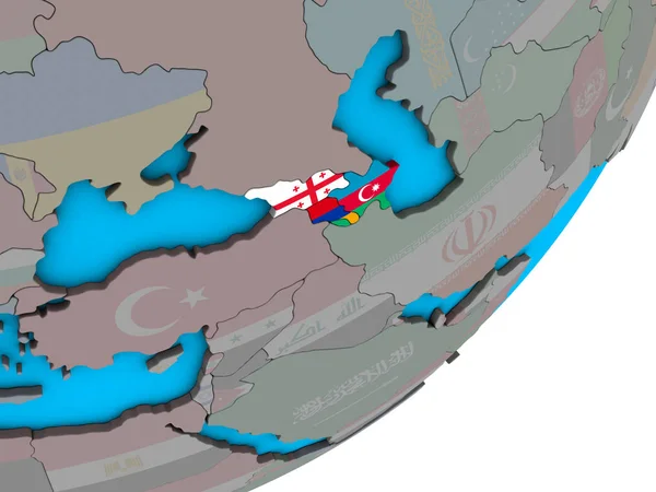高加索地区与国旗在蓝色政治3D — 图库照片