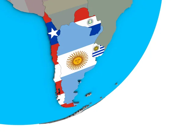 Sydamerikanska Med Nationella Flaggor Blå Politiska Klot Illustration — Stockfoto