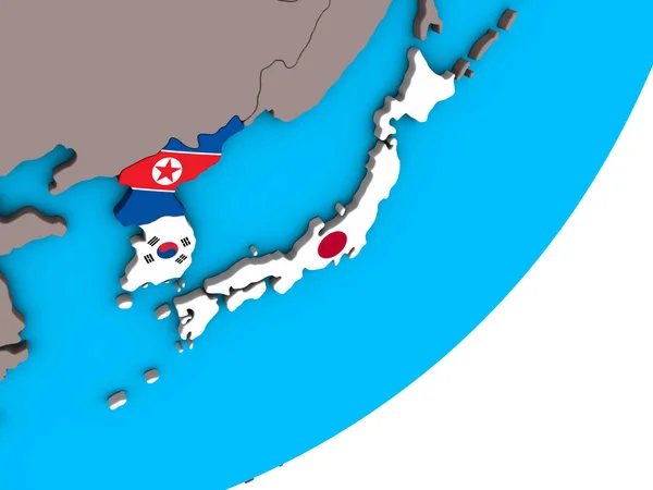 Japonia Korea Flagi Narodowe Niebieski Globus Polityczny Ilustracja — Zdjęcie stockowe