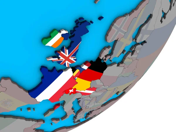Europa Occidental Con Banderas Nacionales Mundo Político Azul Ilustración —  Fotos de Stock