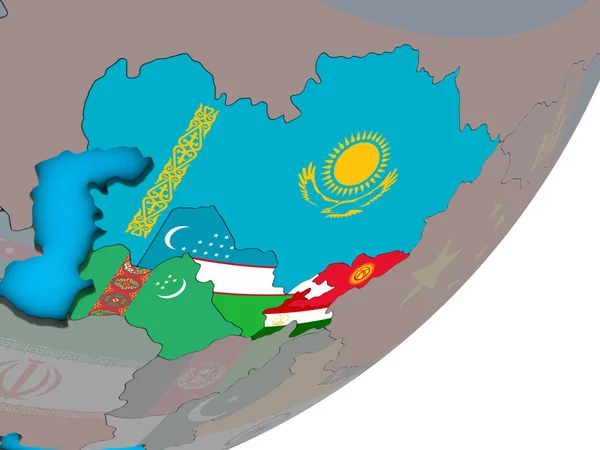 Zentralasien Mit Nationalflaggen Auf Blauem Politischen Erdball Illustration — Stockfoto