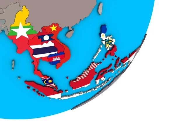 Κράτη Μέλη Της Asean Εθνικές Σημαίες Μπλε Πολιτικό Τρισδιάστατη Υδρόγειο — Φωτογραφία Αρχείου
