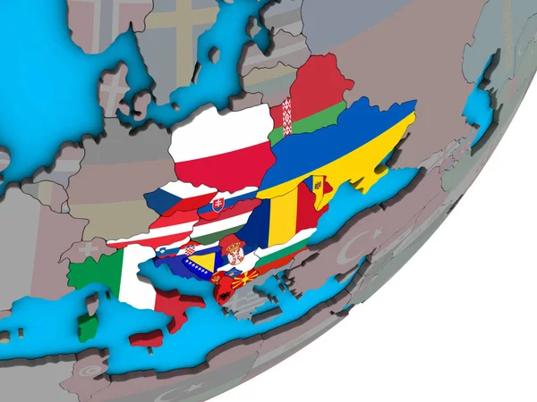 中欧国家国旗在蓝色政治3D — 图库照片