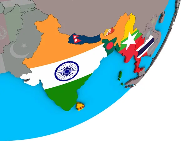 Bimstec Memeber States National Flags Blue Political Globe Illustration — Stock Photo, Image