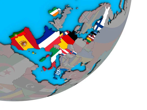 Mitgliedsstaaten Der Eurozone Mit Nationalflaggen Auf Blauem Politischen Globus Illustration — Stockfoto