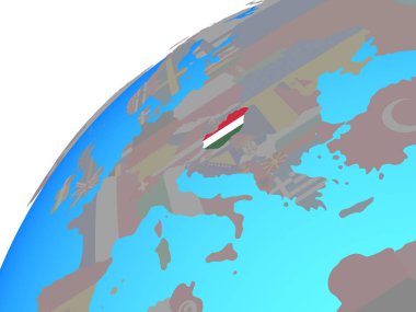Macaristan ile dünya üzerinde katıştırılmış ulusal bayrak. 3D çizim.