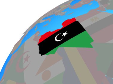 Libya ile dünya üzerinde katıştırılmış ulusal bayrak. 3D çizim.