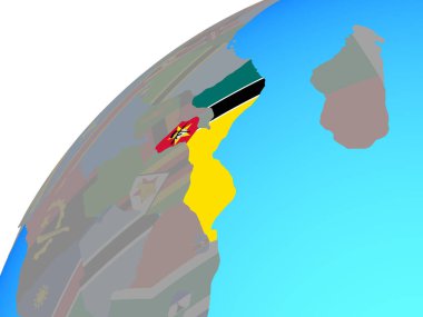 Mozambik dünya üzerinde katıştırılmış ulusal bayrak ile. 3D çizim.