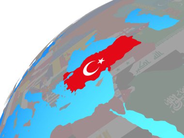 Türkiye Dünya üzerinde katıştırılmış ulusal bayrak ile. 3D çizim.