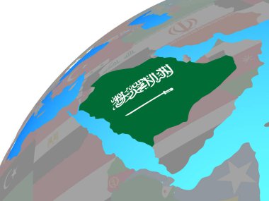 Dünya üzerinde katıştırılmış ulusal bayrak ile Suudi Arabistan. 3D çizim.